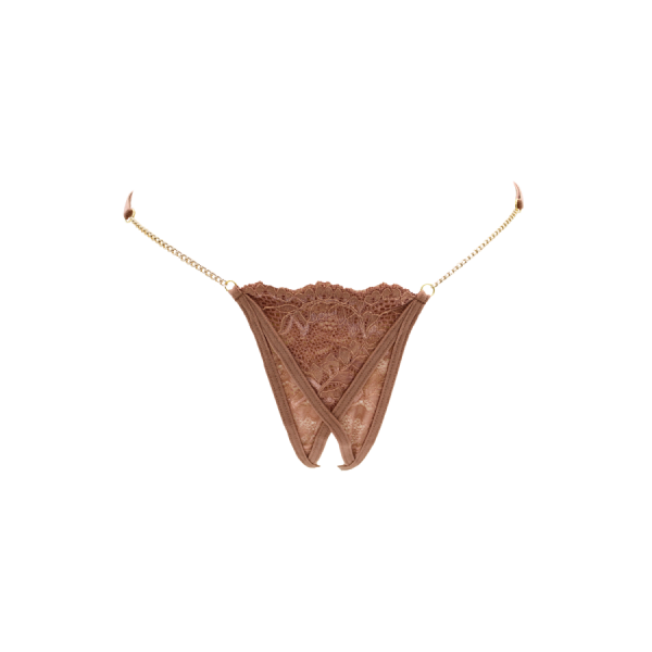 String en dentelle taupe ouvert avec chaînes dorées 